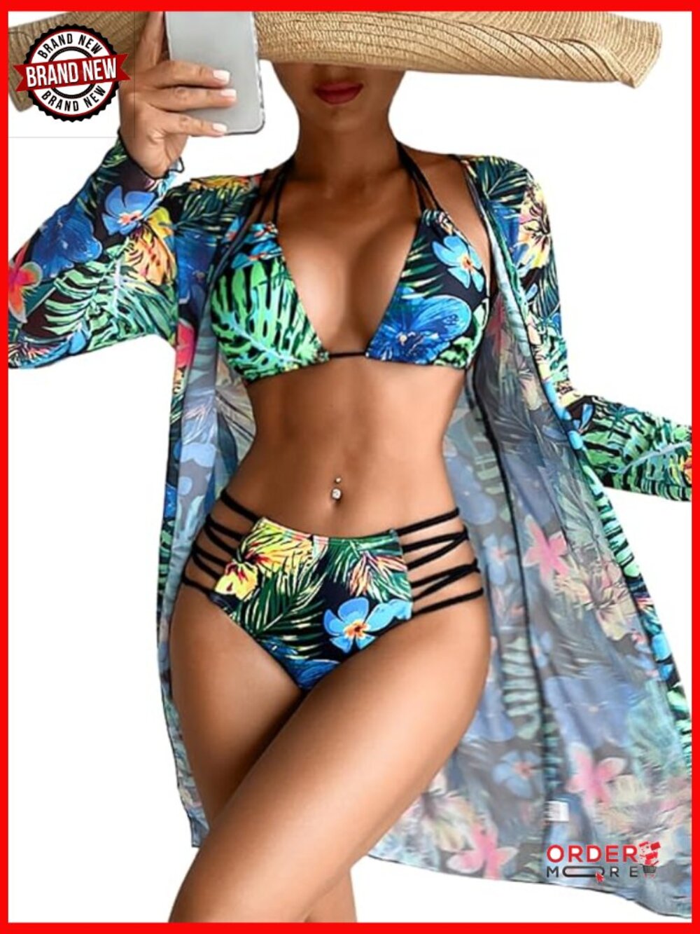 3 Piece Tropical Bikini Set with Mesh Coverup, Sexy Crisscross Cutout Swimsuits